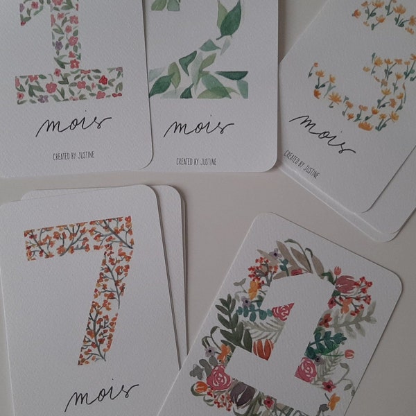 Cartes "Ma première année" à l'aquarelle pour naissance