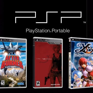 Może przedstawiać: Obraz trzech pudełek z grami PSP na czarnym tle. Gry to "After Burner Black Falcon", "The 3rd Birthday" i "Ys: The Ark of Napishtim". Logo PlayStation Portable znajduje się u góry.
