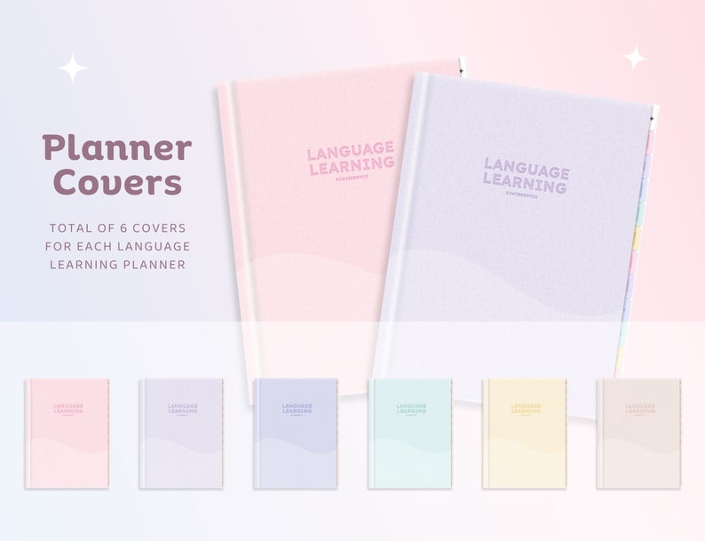 May include: Six different planner covers with the text "Language Learning" in a light pink, light purple, lavender, light blue, yellow, and beige colour scheme.