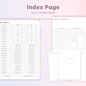 Op de afbeelding: Een afdrukbare indexpagina voor een budgetplanner. De index bevat secties voor budget, sparen en uitgaven bijhouden, evenals aangepaste secties en briefpapier sjablonen. De pagina is volledig gelinkt, waardoor snelle toegang tot alle secties mogelijk is.