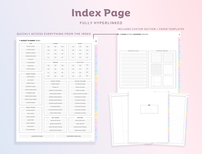 Op de afbeelding: Een afdrukbare indexpagina voor een budgetplanner. De index bevat secties voor budget, sparen en uitgaven bijhouden, evenals aangepaste secties en briefpapier sjablonen. De pagina is volledig gelinkt, waardoor snelle toegang tot alle secties mogelijk is.