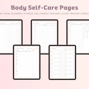May include: Five printable pages for self-care tracking. The pages include a weekly meal planner, fitness log, period tracker, sleep tracker, and medication tracker.