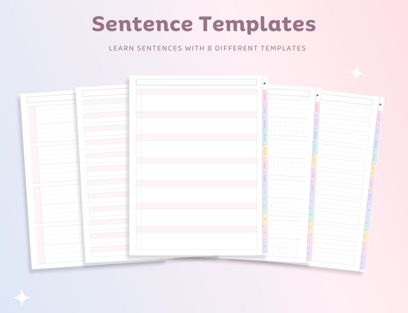 May include: Printable sentence templates with 8 different layouts. The templates are on white paper with light pink lines and a light blue border. The templates are designed to help learn sentences.