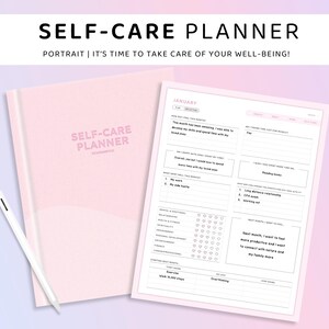 May include: A pink self-care planner with the text "SELF-CARE PLANNER" and the words "PORTRAIT | IT'S TIME TO TAKE CARE OF YOUR WELL-BEING!". The planner is open to a page with prompts and a white stylus is next to it.