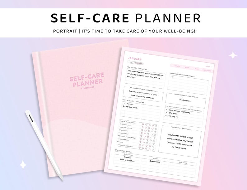 May include: A pink self-care planner with the text "SELF-CARE PLANNER" and the words "PORTRAIT | IT'S TIME TO TAKE CARE OF YOUR WELL-BEING!". The planner is open to a page with prompts and a white stylus is next to it.