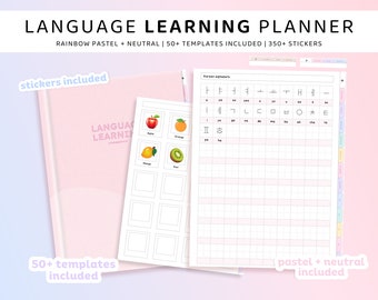 Pianificatore digitale per l'apprendimento delle lingue, Quaderno per l'apprendimento delle lingue, Pianificatore pastello, Cartella di lavoro linguistica con collegamento ipertestuale, Grammatica, Vocabolario, Studia, Impara