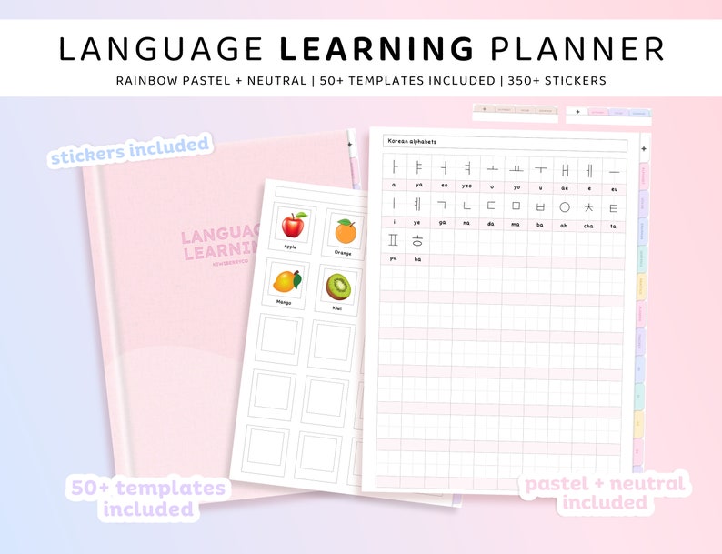 May include: A pink and white language learning planner with a gridded page for writing Korean alphabet characters. The planner includes 50+ templates and 350+ stickers. The planner also includes a page with a grid for writing vocabulary words and a page with a grid for writing sentences.