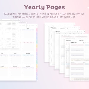 Op de afbeelding: Een set met printbare plannerpagina's voor een jaar, inclusief een kalender, financi&euml;le doelen, een jaar in pixels, een financieel overzicht, een financi&euml;le reflectie, een vision board en een verlanglijst.