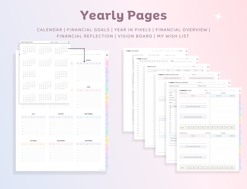 Op de afbeelding: Een set met printbare plannerpagina's voor een jaar, inclusief een kalender, financi&euml;le doelen, een jaar in pixels, een financieel overzicht, een financi&euml;le reflectie, een vision board en een verlanglijst.