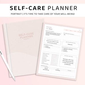 May include: A pink and white self-care planner with the text "SELF-CARE PLANNER" and "JANUARY" on the cover. The planner includes sections for tracking goals, habits, and self-care activities.