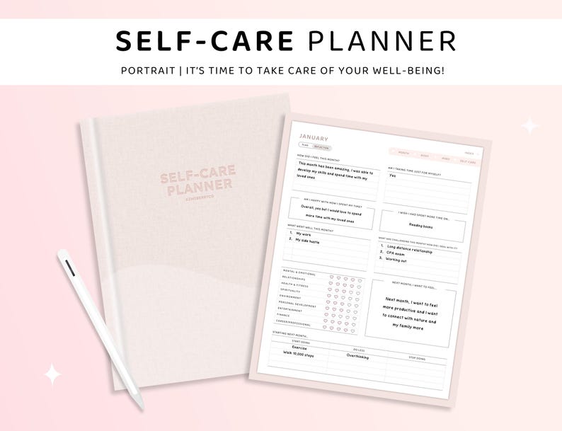 May include: A pink and white self-care planner with the text "SELF-CARE PLANNER" and "JANUARY" on the cover. The planner includes sections for tracking goals, habits, and self-care activities.