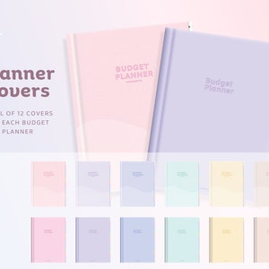Op de afbeelding: Twaalf verschillende pastelkleurige omslagen voor een budgetplanner. De omslagen hebben een eenvoudig ontwerp met de tekst "Budget Planner" in lichtgrijze letters.