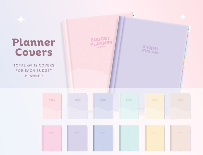 Op de afbeelding: Twaalf verschillende pastelkleurige omslagen voor een budgetplanner. De omslagen hebben een eenvoudig ontwerp met de tekst "Budget Planner" in lichtgrijze letters.