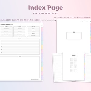 May include: A printable index page for a language learning journal. The index includes sections for vocabulary, grammar, and phrases. The page is fully hyperlinked and includes custom sections and paper templates.