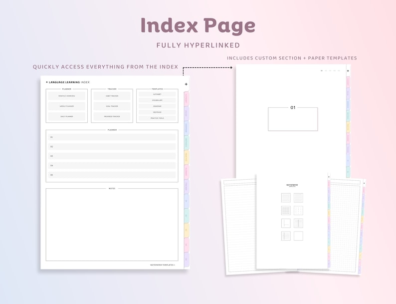 May include: A printable index page for a language learning journal. The index includes sections for vocabulary, grammar, and phrases. The page is fully hyperlinked and includes custom sections and paper templates.