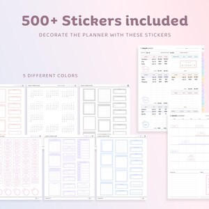 Op de afbeelding: Een set van printbare plannerpagina's met verschillende lay-outs en secties. De pagina's zijn ontworpen om te worden gebruikt met stickers, en de tekst "500+ Stickers inbegrepen" wordt bovenaan de afbeelding weergegeven. De tekst "Versier de planner met deze stickers" wordt ook weergegeven. De tekst "5 verschillende kleuren" wordt onder de titel weergegeven.