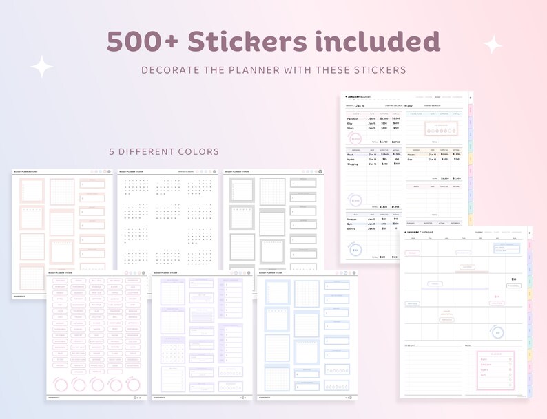 Op de afbeelding: Een set van printbare plannerpagina's met verschillende lay-outs en secties. De pagina's zijn ontworpen om te worden gebruikt met stickers, en de tekst "500+ Stickers inbegrepen" wordt bovenaan de afbeelding weergegeven. De tekst "Versier de planner met deze stickers" wordt ook weergegeven. De tekst "5 verschillende kleuren" wordt onder de titel weergegeven.