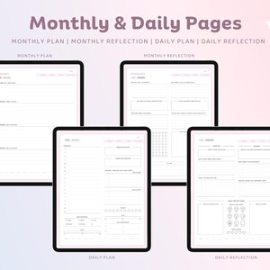 May include: Four digital tablets displaying planner pages. The tablets show monthly and daily planning layouts with sections for plans, reflections, and calendars. The text on the image reads "Monthly & Daily Pages". The background has a gradient of pink and blue.