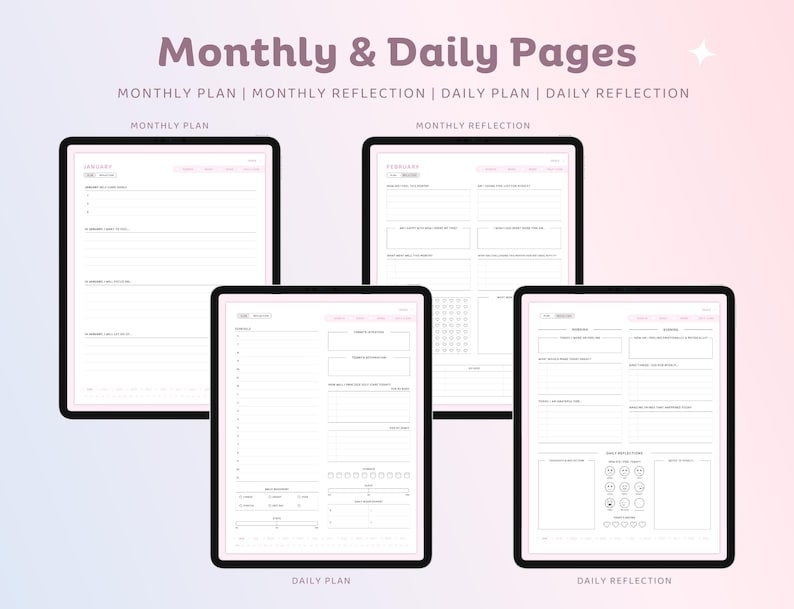 May include: Four digital tablets displaying planner pages. The tablets show monthly and daily planning layouts with sections for plans, reflections, and calendars. The text on the image reads "Monthly & Daily Pages". The background has a gradient of pink and blue.