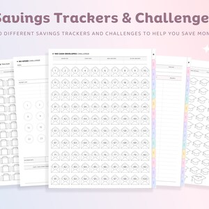 Op de afbeelding: Een set printbare spaar-trackers en uitdagingen. De trackers omvatten een ​​reisspaar-tracker, een no-spend-uitdaging en een 100-cash-envelop-uitdaging. De uitdagingen omvatten een ​​spaar-tracker voor afstuderen.