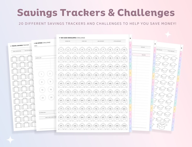 Op de afbeelding: Een set printbare spaar-trackers en uitdagingen. De trackers omvatten een ​​reisspaar-tracker, een no-spend-uitdaging en een 100-cash-envelop-uitdaging. De uitdagingen omvatten een ​​spaar-tracker voor afstuderen.