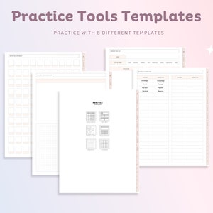 May include: Eight printable practice tools templates for planning, note-taking, and organising. The templates include a grid, a list, and a table.