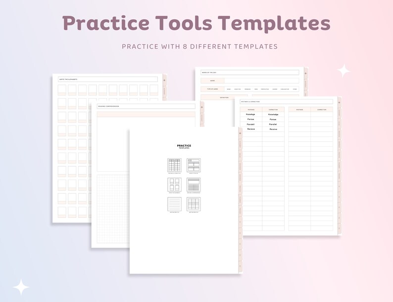 May include: Eight printable practice tools templates for planning, note-taking, and organising. The templates include a grid, a list, and a table.