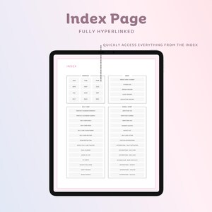 May include: A digital tablet displays an "Index Page" with fully hyperlinked sections. The screen features a pink and white design with text such as "Monthly", "Self-Care", and "Read & Print". The tablet is set against a gradient background.