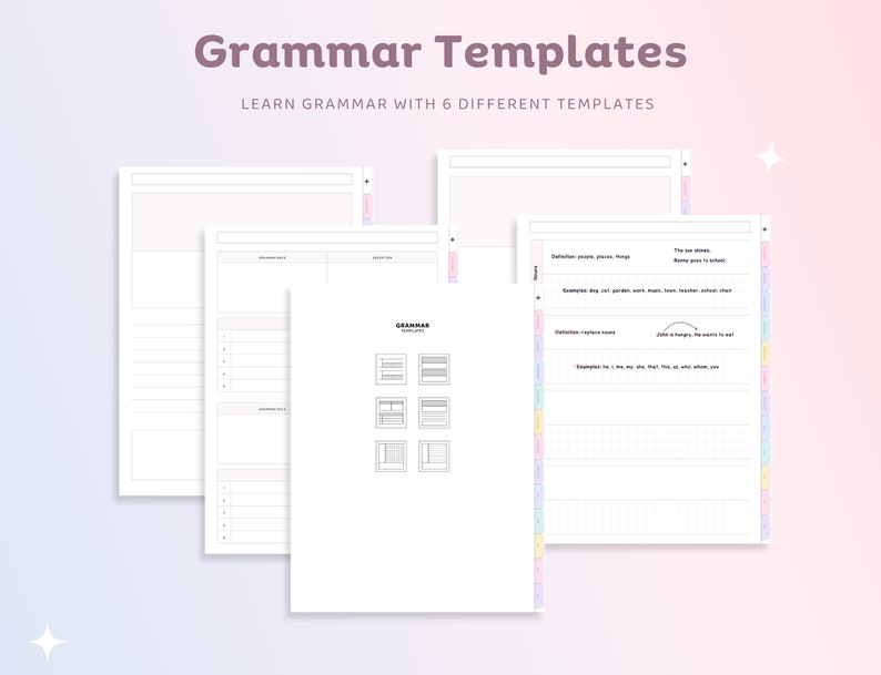 May include: Six printable grammar templates for learning grammar rules. The templates include sections for definitions, examples, and practice exercises. The templates are designed to help students learn and practice grammar concepts.