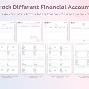Op de afbeelding: Printbare financi&euml;le tracker met secties voor bankrekeningen, creditcards, schuldenrekeningen en spaarrekeningen. Elke sectie heeft een raster om transacties en saldi bij te houden.