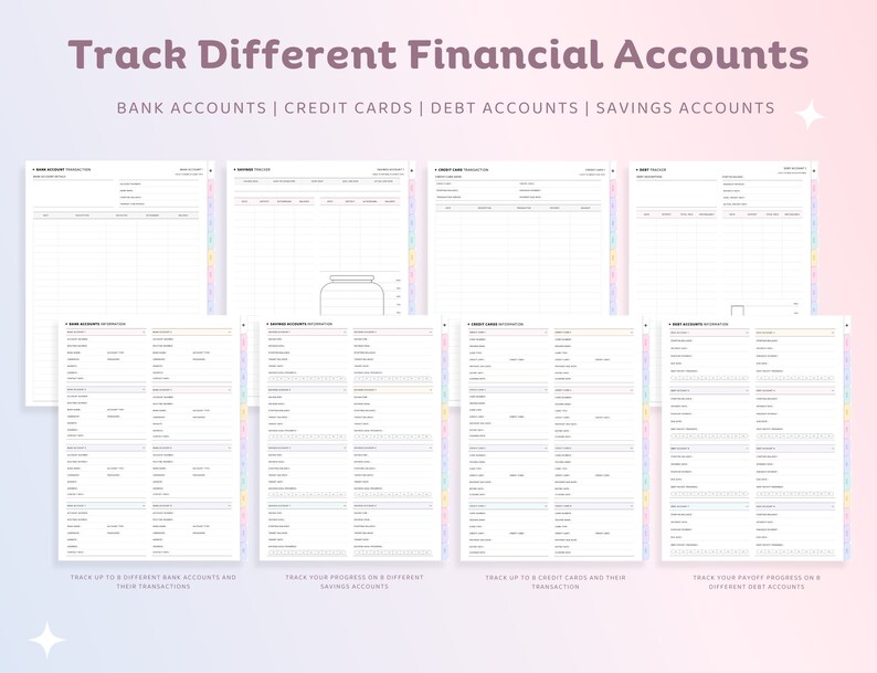 Op de afbeelding: Printbare financi&euml;le tracker met secties voor bankrekeningen, creditcards, schuldenrekeningen en spaarrekeningen. Elke sectie heeft een raster om transacties en saldi bij te houden.