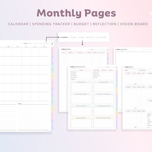 Op de afbeelding: Een set met printbare maandelijkse plannerpagina's met secties voor een kalender, een uitgaven-tracker, een budget, reflectie en een vision board. De pagina's zijn ontworpen met een pastelkleurenschema en een eenvoudige, moderne esthetiek.