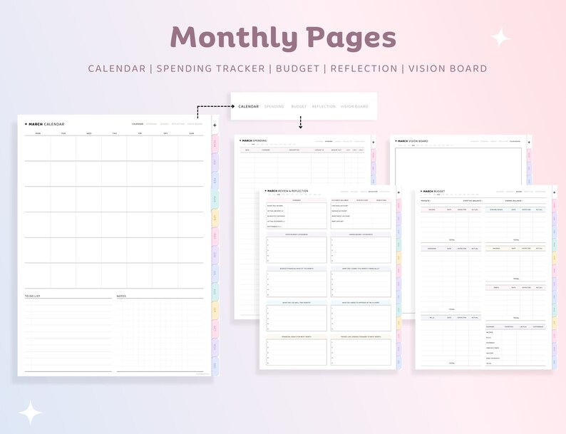 Op de afbeelding: Een set met printbare maandelijkse plannerpagina's met secties voor een kalender, een uitgaven-tracker, een budget, reflectie en een vision board. De pagina's zijn ontworpen met een pastelkleurenschema en een eenvoudige, moderne esthetiek.