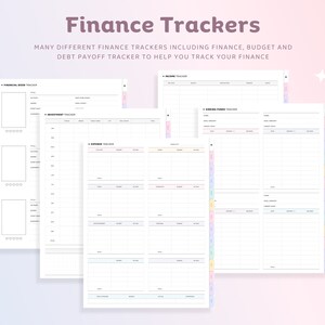 Op de afbeelding: Een set printbare financi&euml;le trackers met koppen voor financieel boek, investeringen, uitgaven, inkomsten en spaargelden. De trackers zijn ontworpen om u te helpen uw financi&euml;n bij te houden.
