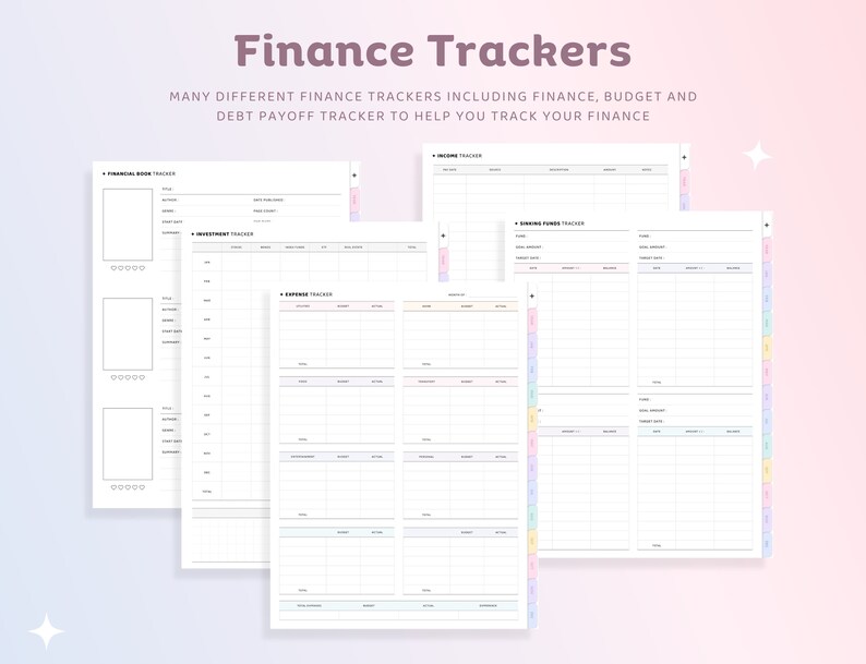 Op de afbeelding: Een set printbare financi&euml;le trackers met koppen voor financieel boek, investeringen, uitgaven, inkomsten en spaargelden. De trackers zijn ontworpen om u te helpen uw financi&euml;n bij te houden.