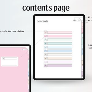 以下が含まれることがあります： コンテンツページと、さまざまなセクションをナビゲートするためのサイドタブが付いたデジタルプランナー。コンテンツページには、タイトルを書き込むための空白のある番号付きセクションのリストがあります。サイドタブには、番号が付けられた一連の色付きタブがあります。