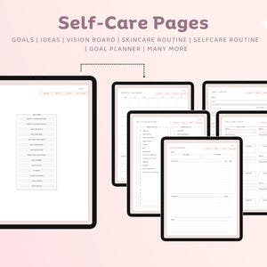 May include: A set of printable self-care pages with titles such as "Goals", "Ideas", "Vision Board", "Skincare Routine", "Selfcare Routine", and "Goal Planner".