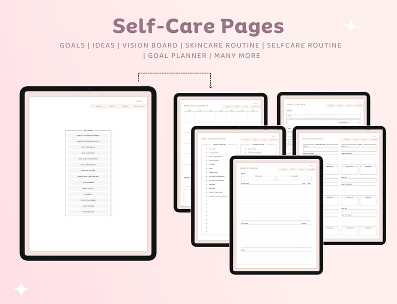 May include: A set of printable self-care pages with titles such as "Goals", "Ideas", "Vision Board", "Skincare Routine", "Selfcare Routine", and "Goal Planner".
