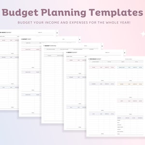Op de afbeelding: Vijf printbare budgetplanningsjablonen voor het bijhouden van inkomsten en uitgaven. De sjablonen zijn gelabeld met "Maandelijks budget", "Budget overzicht", "Wekelijks budget" en "September budget".
