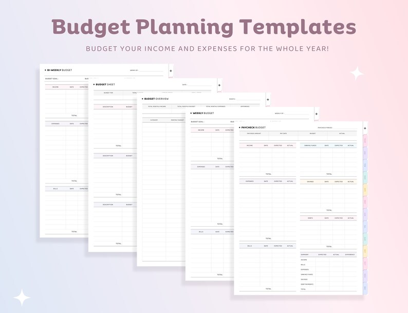 Op de afbeelding: Vijf printbare budgetplanningsjablonen voor het bijhouden van inkomsten en uitgaven. De sjablonen zijn gelabeld met "Maandelijks budget", "Budget overzicht", "Wekelijks budget" en "September budget".