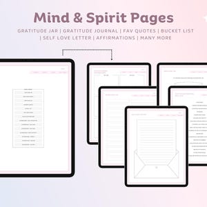 May include: Digital planner pages displayed on tablets. The text reads "Mind & Spirit Pages" and lists features like gratitude journals, affirmations, and self-love letters. The pages have a minimalist design with pink accents.