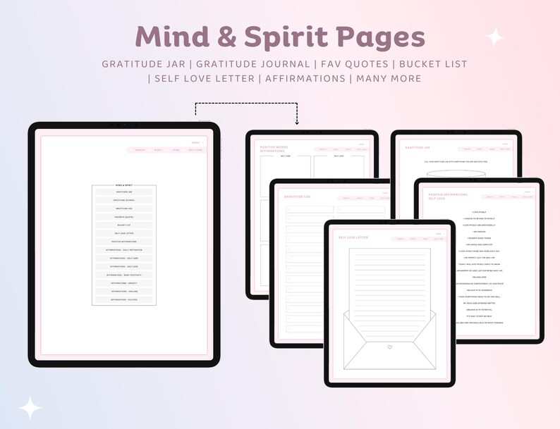 May include: Digital planner pages displayed on tablets. The text reads "Mind & Spirit Pages" and lists features like gratitude journals, affirmations, and self-love letters. The pages have a minimalist design with pink accents.