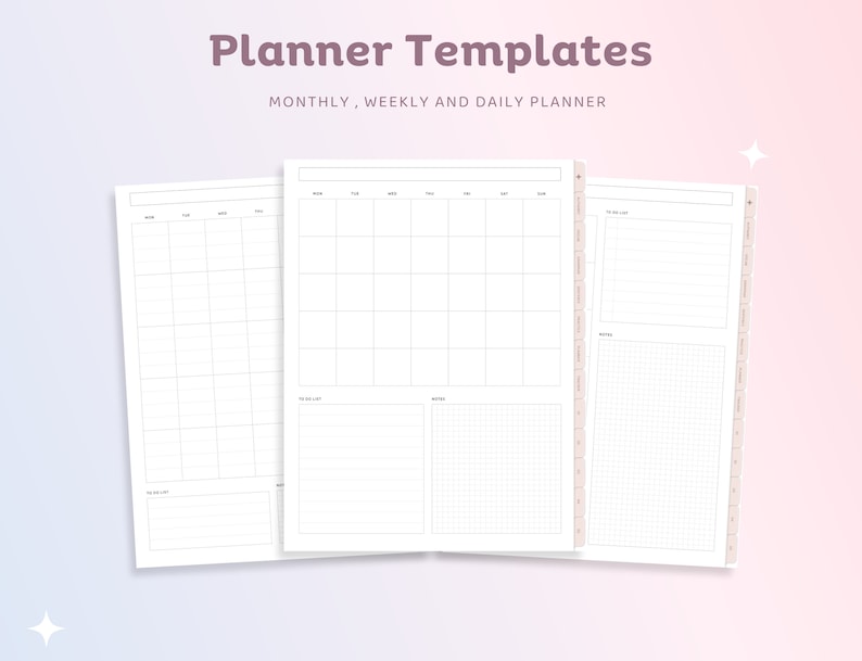 May include: Three printable planner templates: a monthly calendar, a weekly planner, and a daily planner. Each page has a grid layout with lines for writing.