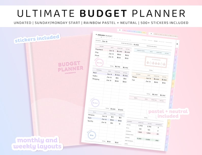 Op de afbeelding: Een roze budgetplanner met de tekst "Ultimate Budget Planner" in wit. De planner bevat stickers, maandelijkse en wekelijkse lay-outs, en regenboogpastel- en neutrale kleuren.