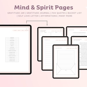 May include: A digital tablet displaying a set of printable pages for a mind and spirit journal. The pages include sections for gratitude, affirmations, bucket lists, and self-love letters.