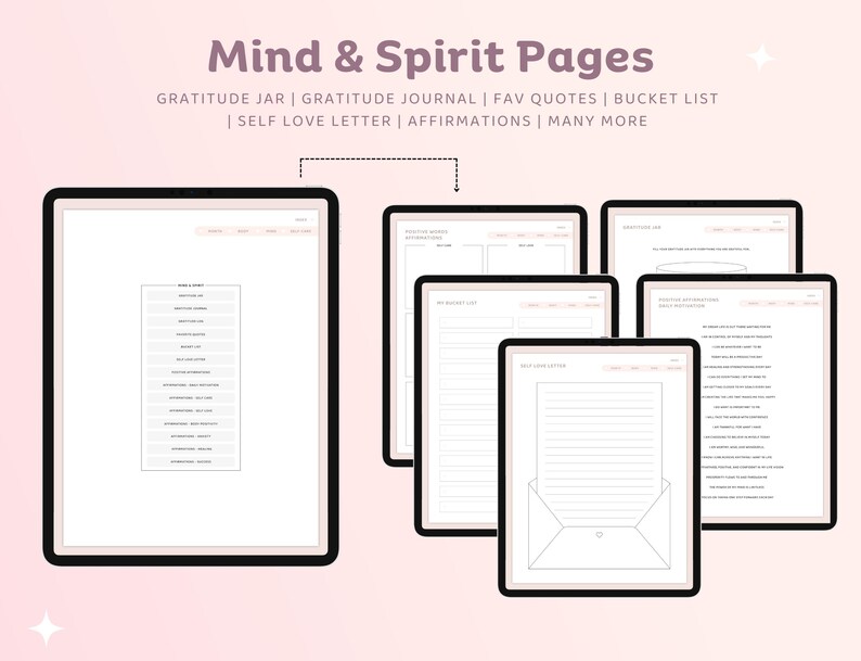 May include: A digital tablet displaying a set of printable pages for a mind and spirit journal. The pages include sections for gratitude, affirmations, bucket lists, and self-love letters.