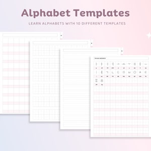 May include: Printable alphabet templates for learning Korean. The image shows 10 different templates with various grid sizes and line styles. The templates are designed for practicing writing Korean letters.