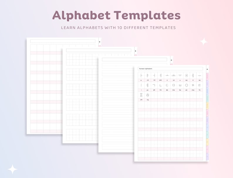 May include: Printable alphabet templates for learning Korean. The image shows 10 different templates with various grid sizes and line styles. The templates are designed for practicing writing Korean letters.
