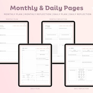 May include: Four printable digital planner pages for monthly and daily planning and reflection. The pages are designed in a minimalist style with black text on a white background. The pages include sections for monthly plans, monthly reflections, daily plans, and daily reflections.