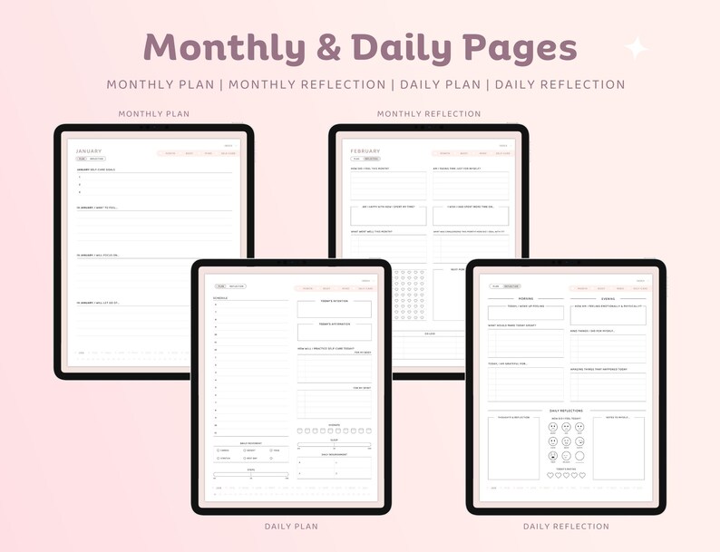 May include: Four printable digital planner pages for monthly and daily planning and reflection. The pages are designed in a minimalist style with black text on a white background. The pages include sections for monthly plans, monthly reflections, daily plans, and daily reflections.